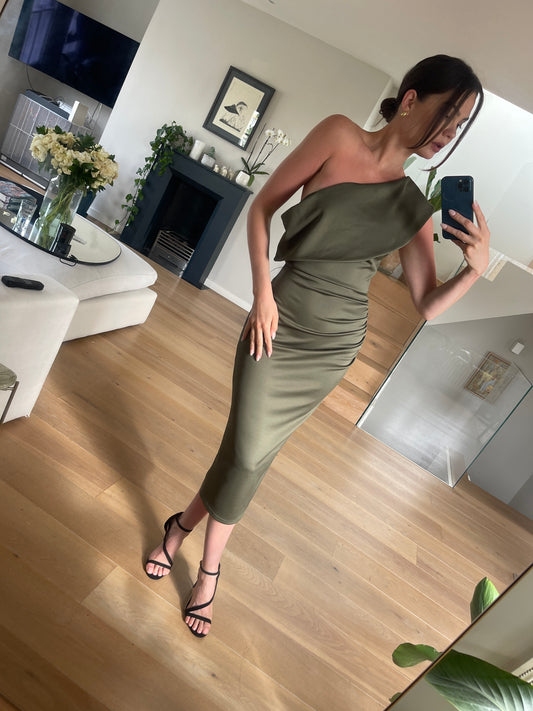 Alice - Drape Shoulder Midi Dress - Olive